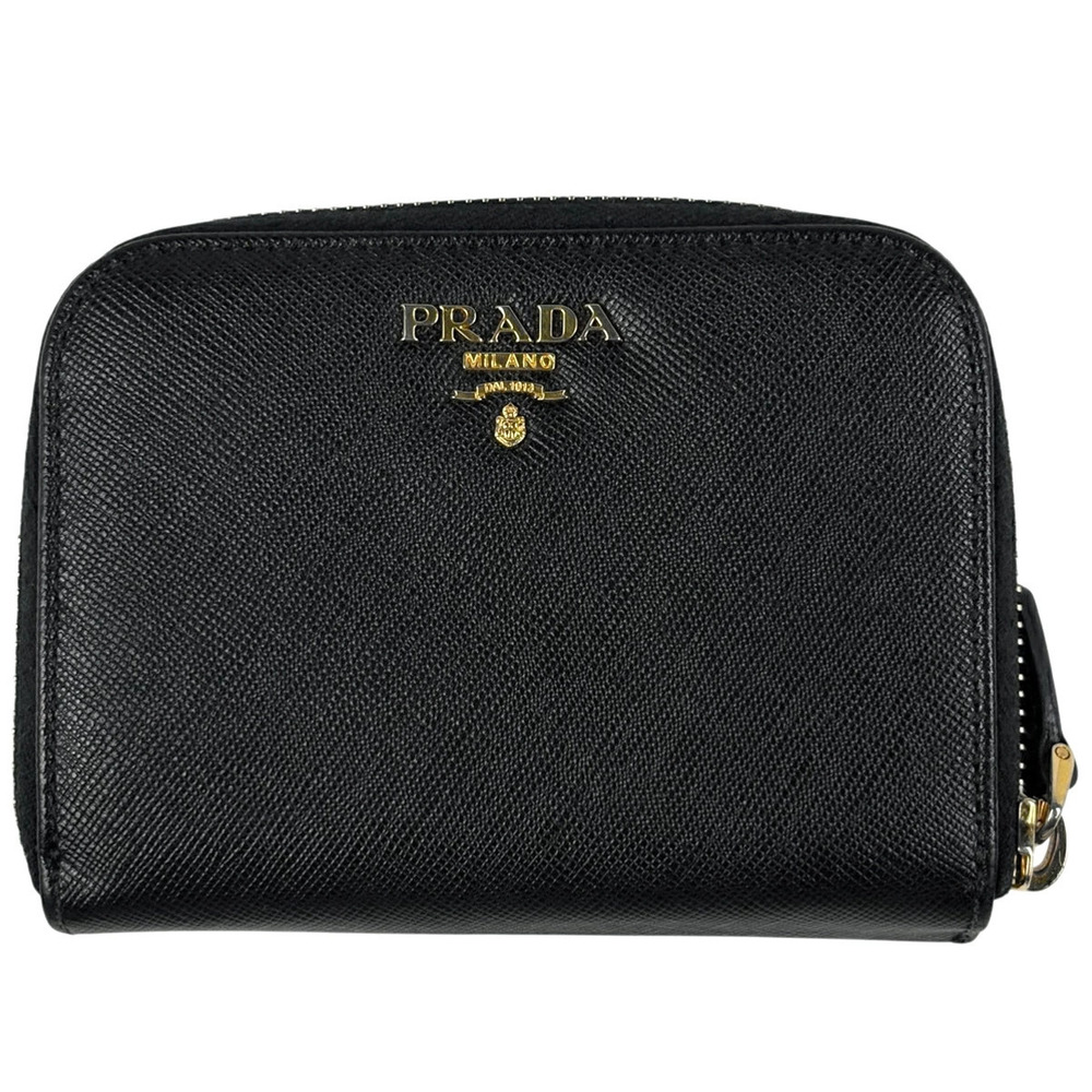 Prada Bi fold Wallet Round Zipper Saffiano Leather Nero Black